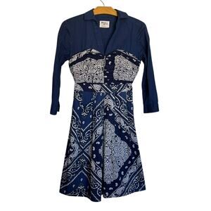 Anthropologie Holding Horses Blue Bandana Print Shirt Dress Fit Flare 3/4 Sleeve